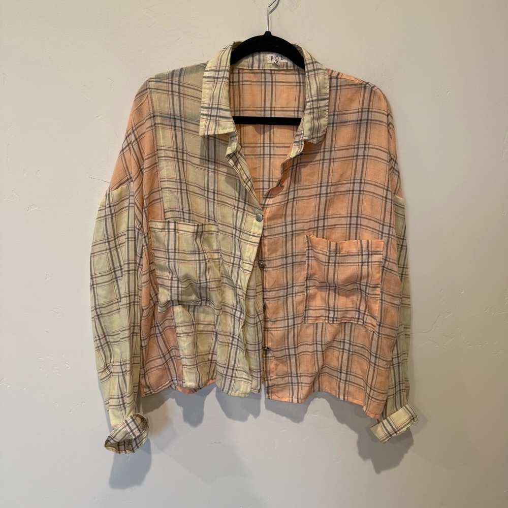 POL Cotton Plaid Flannel Shirt Cropped Womens Size Medium Fall Autumn Casual